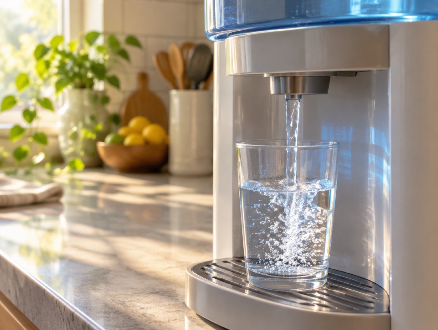 A countertop cooler filling a glass