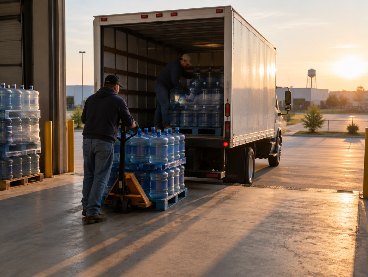 Bottles loaded onto a delivery truck at the Carrollton dock at sunrise