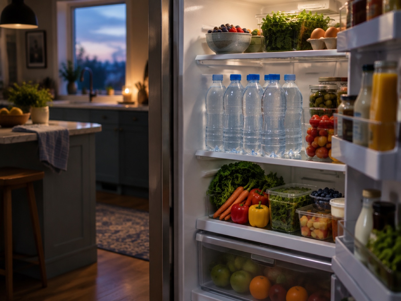 Cold water on a refrigerator shelf