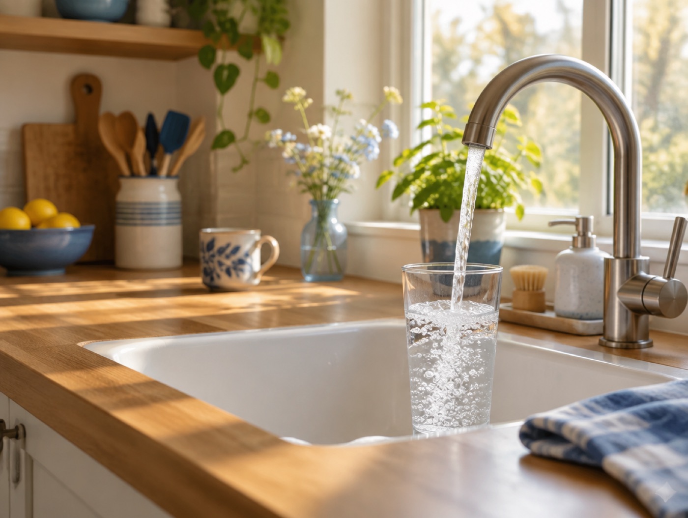 A glass being filled at a kitchen sink